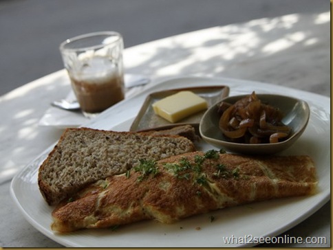 Brie, Cheddar & Basil Omelette served alongside with Onion Relish & Toast 