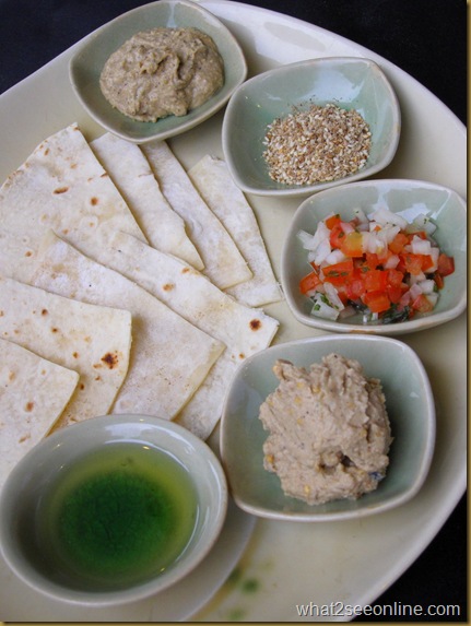 Mezze Plate with  selection of Hummus, Eggplant Dip, Tomato Salsa, Olive Oil and Dukka with Pita 2_resize