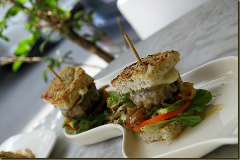 Two Mini Burgers with Melted Cheese, Avocado & Caramelised Onions