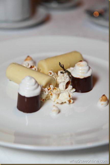 The Chocolate Pannacotta was served with banana marshmallow and decorated with rosemary popcorn_resize