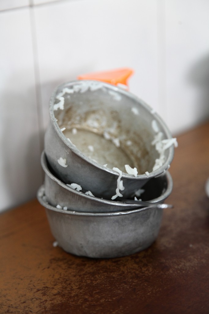 Steamed rice the traditional way in metal bowl