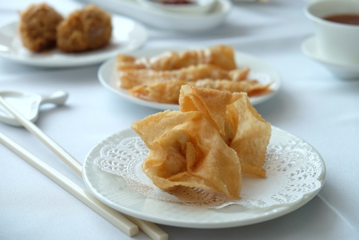 Deep-fried beancurd prawn roll, crystal prawn dumpling and the prawn wanton just come out of the fryer